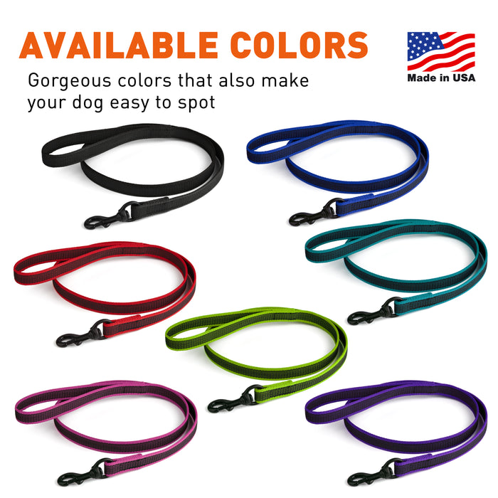 Rubberized nylon leashes for dogs with handle and black snap hook, seven colors available