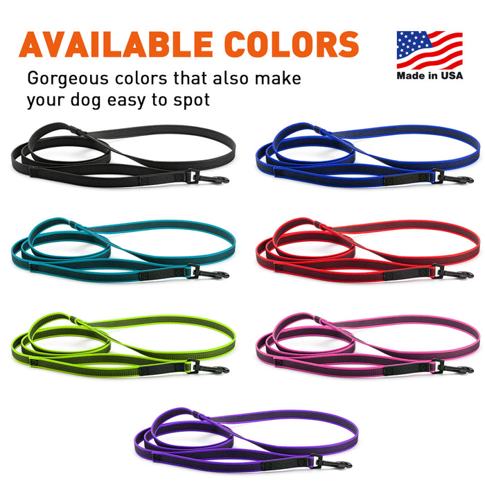 Rubberized nylon leashes for dogs with traffic handle and adjustable hands-free handle, seven colors available
