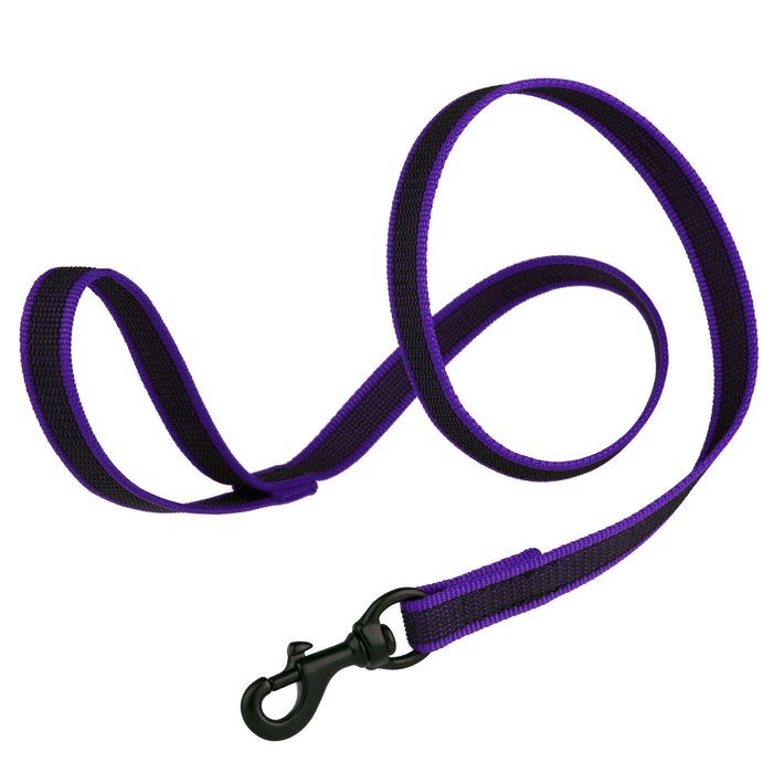 Purple rubberized nylon dog leash with handle and black snap hook, 6 feet long