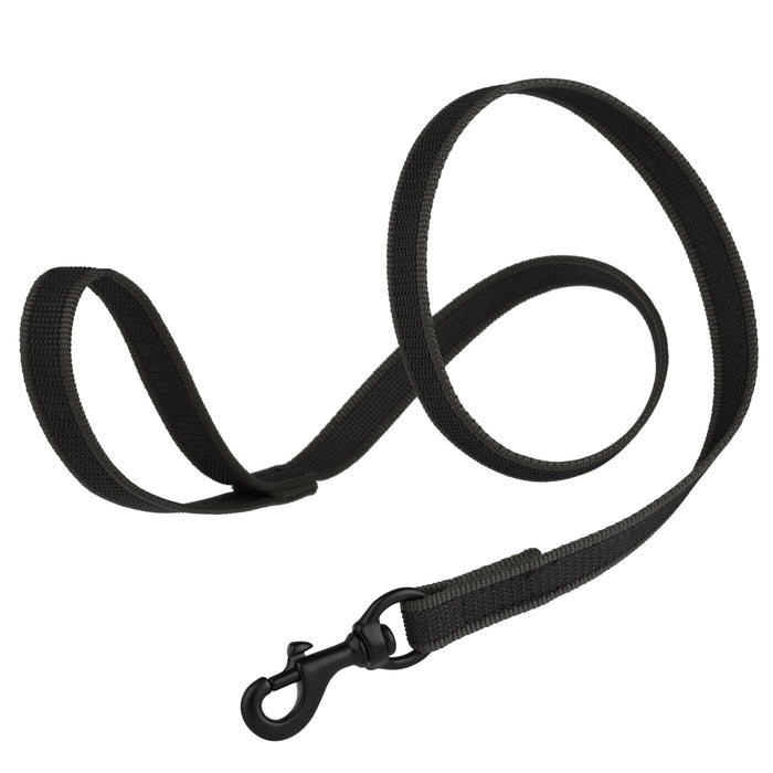 Black rubberized nylon dog leash with handle and black snap hook, 6 feet long