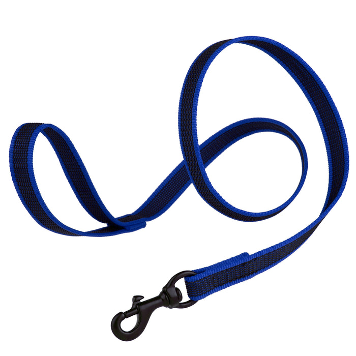 Blue rubberized nylon dog leash with handle and black snap hook, 6 feet long