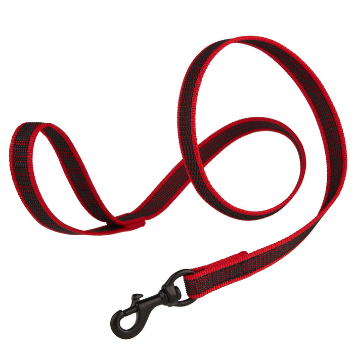 Red rubberized nylon dog leash with handle and black snap hook, 6 feet long