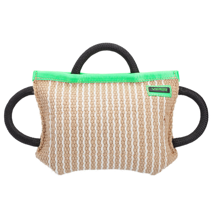 Dog training bite pillow with three handles, made of jute