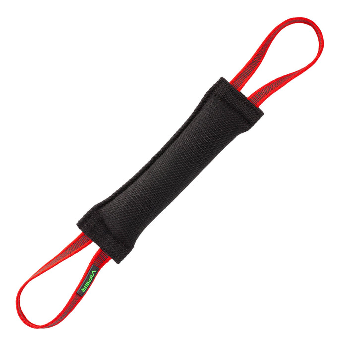 Black tug toy for dogs with two handles, 12 inches long, made of French linen