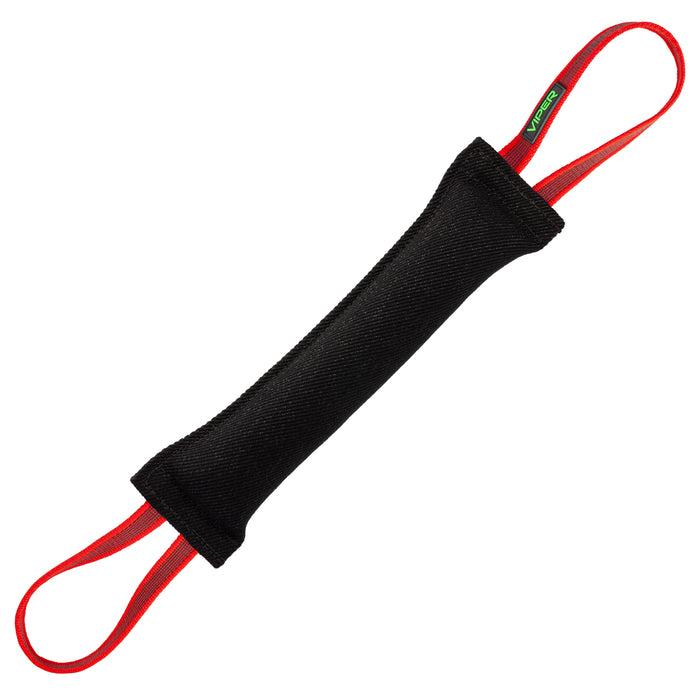 Black tug toy for dogs with two handles, 16 inches long, made of French linen