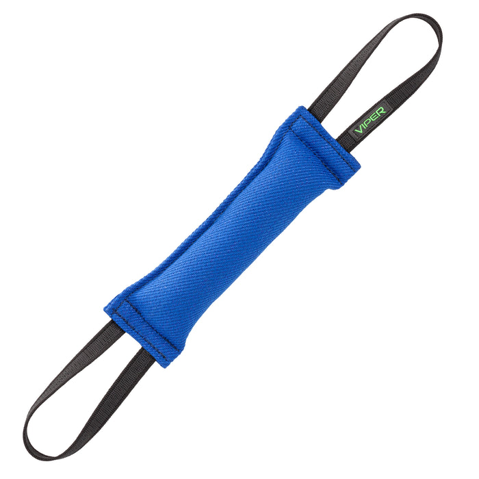 Blue tug toy for dogs with two handles, 12 inches long, made of French linen