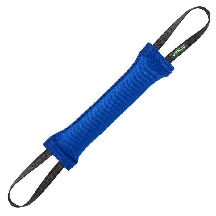 Blue tug toy for dogs with two handles, 16 inches long, made of French linen