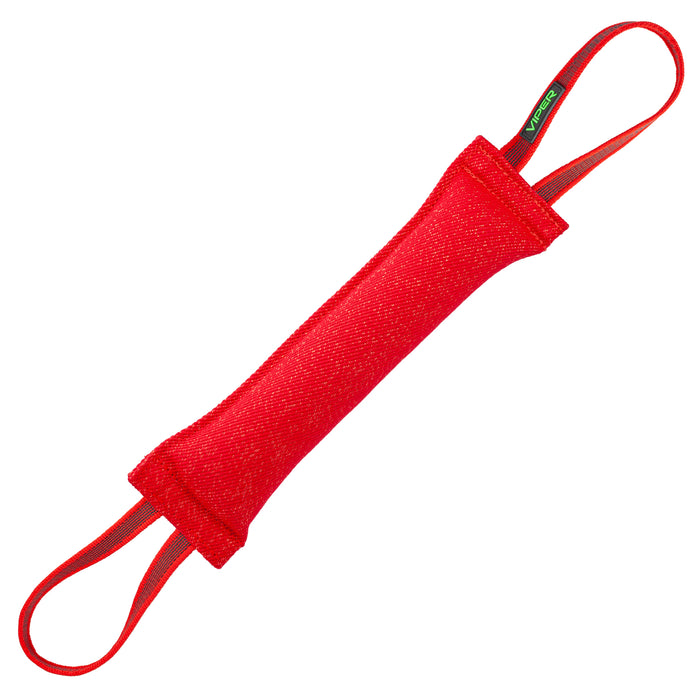 Red tug toy for dogs with two handles, 16 inches long, made of French linen