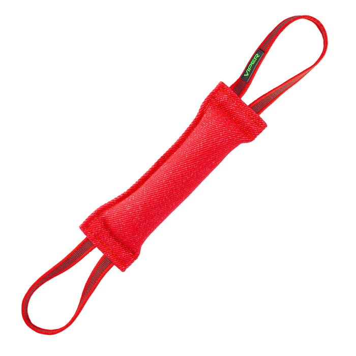Red tug toy for dogs with two handles, 12 inches long, made of French linen