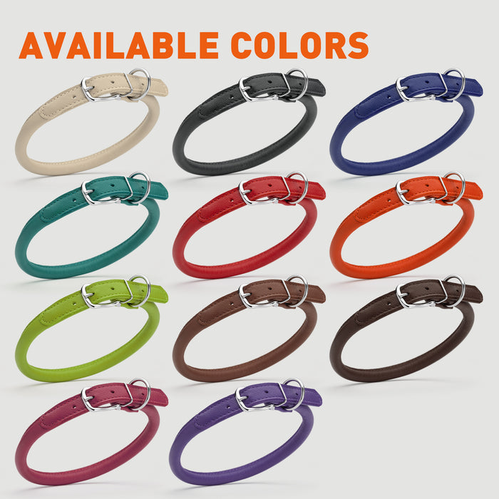 Round leather collars for dogs with metal buckle, 11 colors available