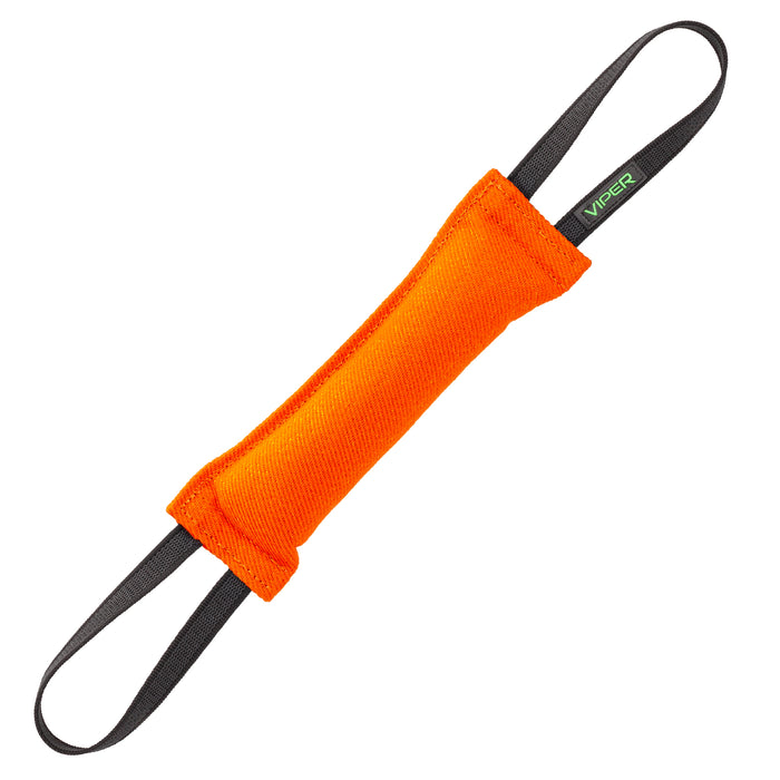 Orange tug toy for dogs with two handles, 12 inches long, made of French linen