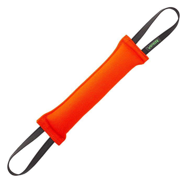 Orange tug toy for dogs with two handles, 16 inches long, made of French linen