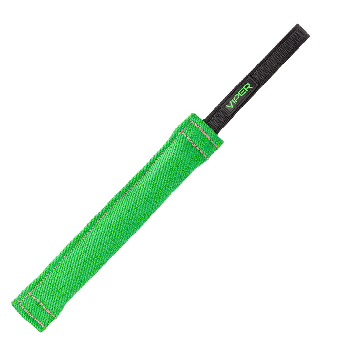 Green tug toy for dogs with one handle, 12 inches long, made of French linen