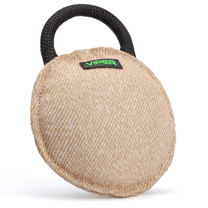 Dog training round bite pillow with one handle, made of jute