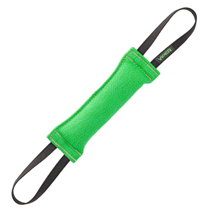Green tug toy for dogs with two handles, 12 inches long, made of French linen