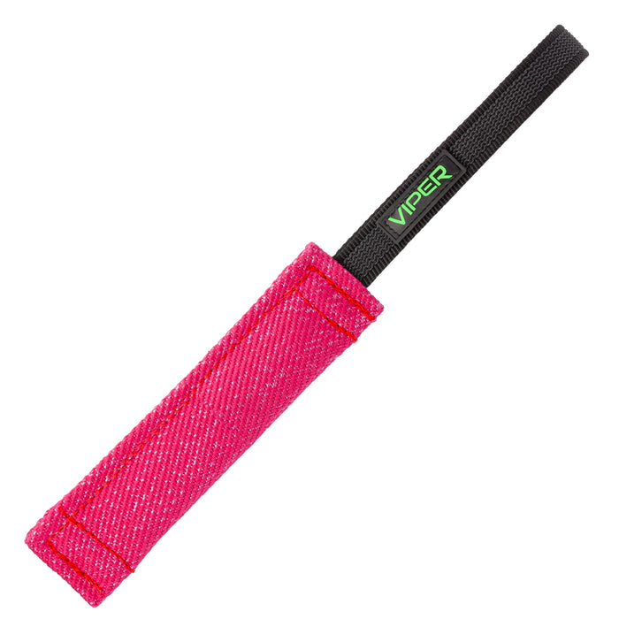Pink tug toy for dogs with one handle, 8 inches long, made of French linen