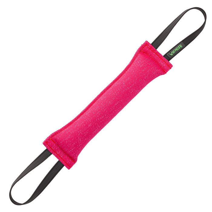 Pink tug toy for dogs with two handles, 16 inches long, made of French linen