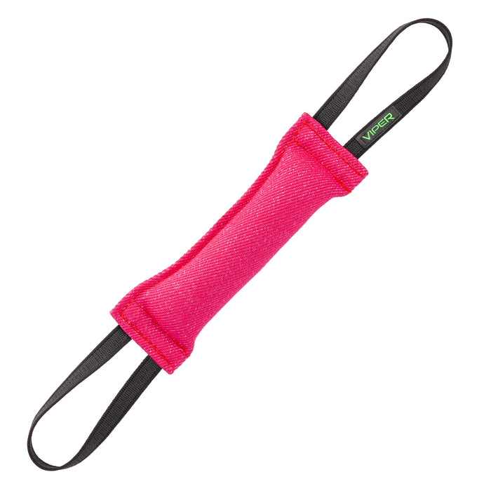 Pink tug toy for dogs with two handles, 12 inches long, made of French linen