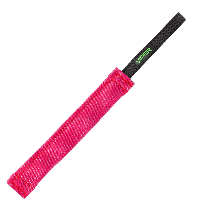 Pink tug toy for dogs with one handle, 12 inches long, made of French linen