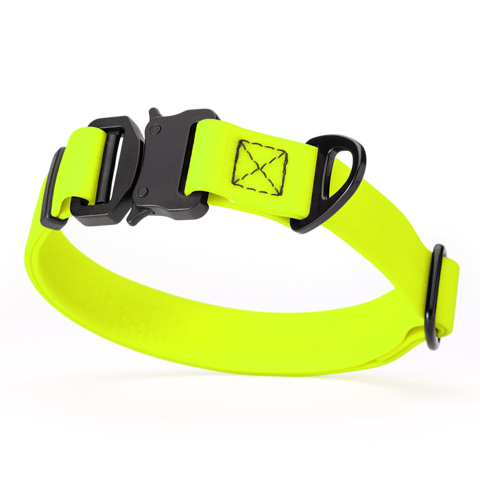 Yellow dog collar with metal buckle and D-ring, waterproof and adjustable