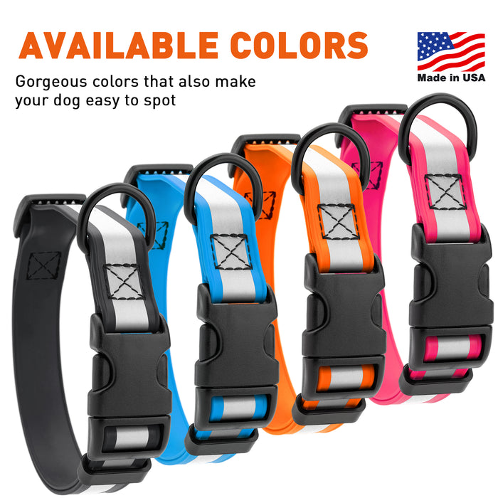Reflective collars for dogs with plastic quick release buckle, made from waterproof Biothane; black, blue, orange and pink colors available