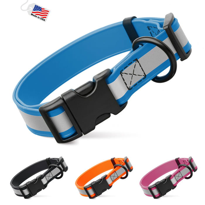 Blue collar for dogs with black quick release buckle and wide reflective strip, made from waterproof Biothane; black, orange and pink color options