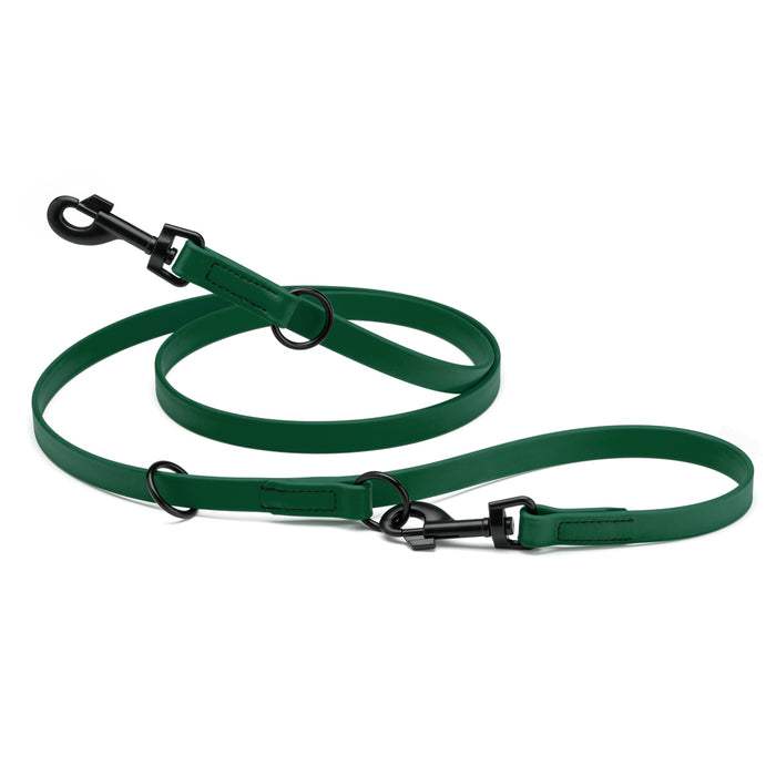 Hunter green adjustable dog leash with two metal clips and three O-rings, made from waterproof Biothane