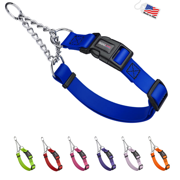 Blueberry martingale collar for dogs with quick release buckle and Herm Sprenger assembly chain, made from waterproof Biothane, green, red, pink, purple, pastel, orange and 10 other colors available