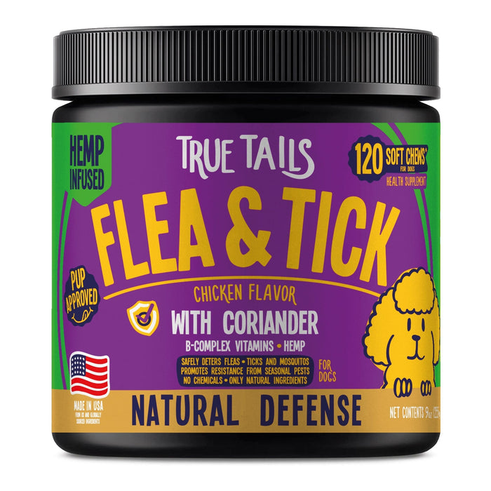 True Tails soft chews for dogs with coriander and Omega 3 fatty acids to keep away fleas, ticks, and mosquitos, chicken flavor
