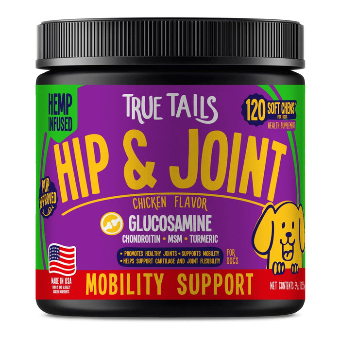 True Tails soft chews for dogs with hemp seed oil and glucosamine to support joint health and mobility, chicken flavor