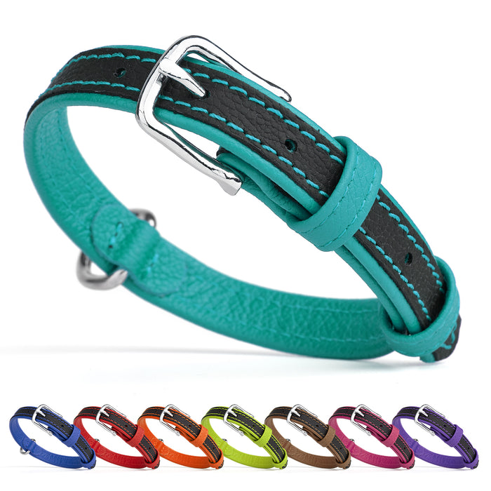 Leather collar for dogs with metal buckle, teal and 7 other color options