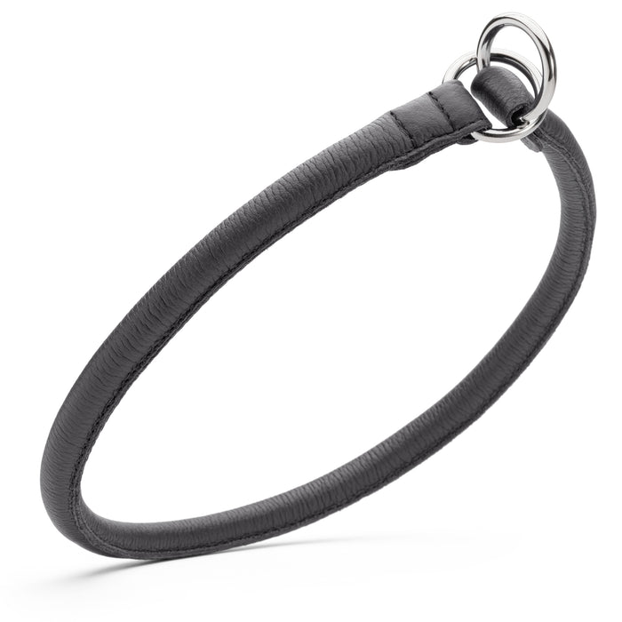 Black leather dog slip collar with metal O-rings, 1/2 inch width, round fur saver design