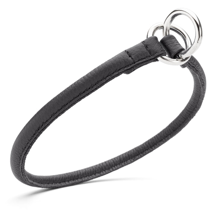 Black leather dog choke collar with metal rings, 1/3 inch wide