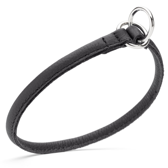 Black leather choke collar for dogs with metal rings, round design, 1/4 inch width