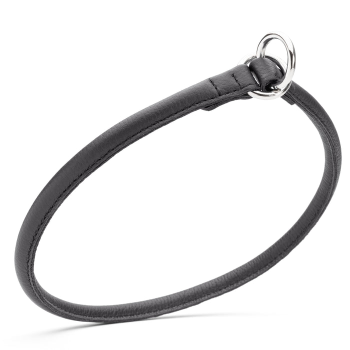Black slip dog collar with metal hardware, made from rolled leather, 3/8 inch wide