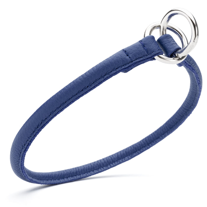 Blue leather dog choke collar with metal rings, 1/3 inch wide