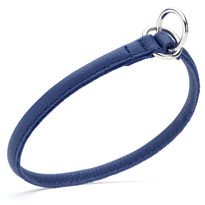 Blue leather choke collar for dogs with metal rings, round design, 1/4 inch width