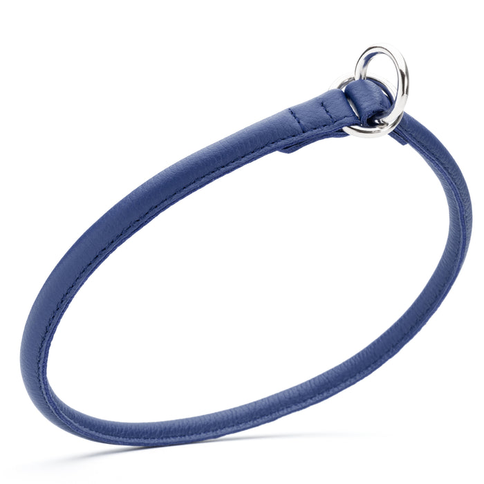 Blue slip dog collar with metal hardware, made from rolled leather, 3/8 inch wide