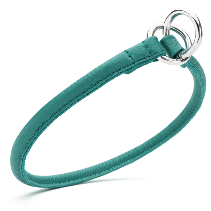 Teal leather dog choke collar with metal rings, 1/3 inch wide