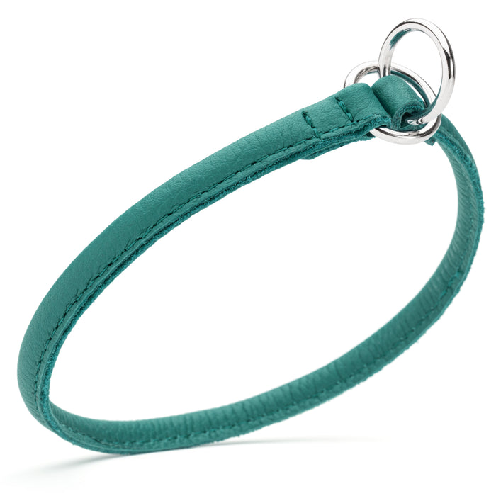 Teal leather choke collar for dogs with metal rings, round design, 1/4 inch width