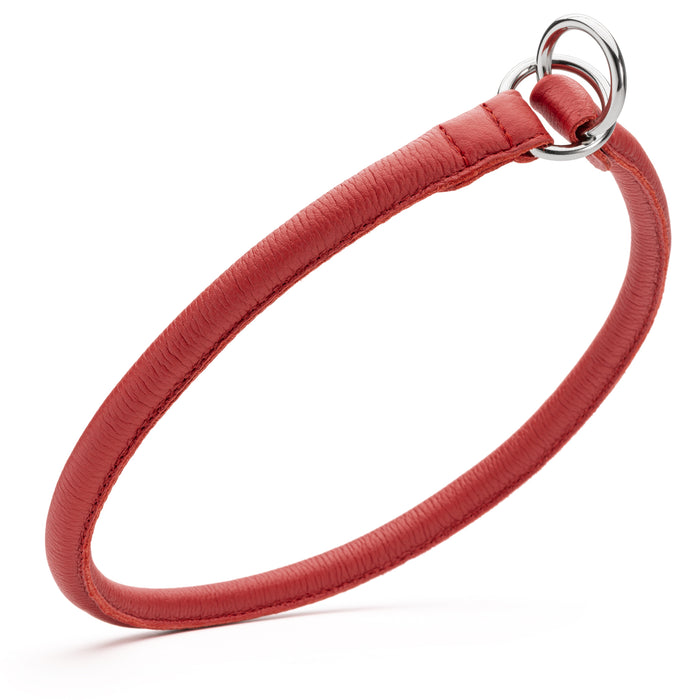 Red leather dog slip collar with metal O-rings, 1/2 inch width, round fur saver design