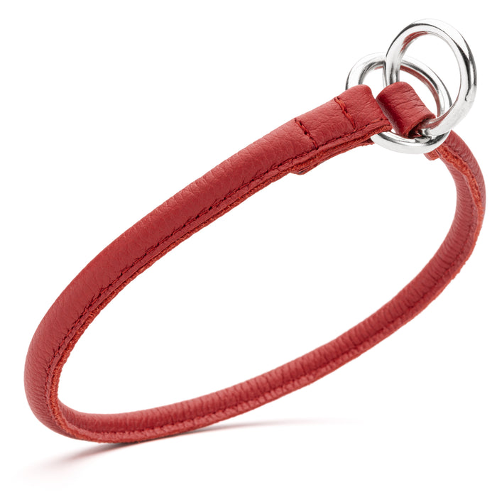 Red leather dog choke collar with metal rings, 1/3 inch wide