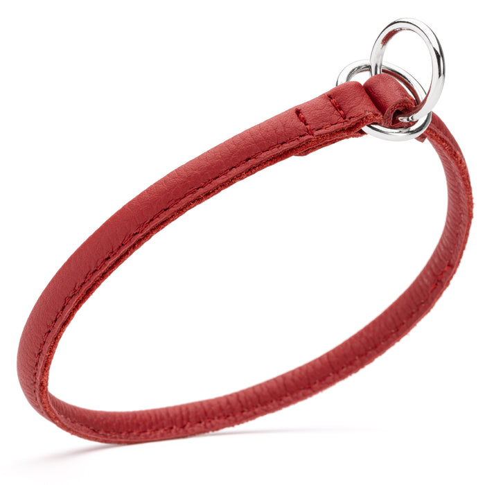 Red leather choke collar for dogs with metal rings, round design, 1/4 inch width