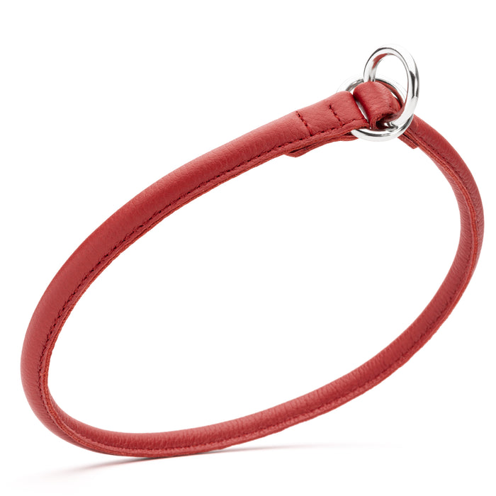 Red slip dog collar with metal hardware, made from rolled leather, 3/8 inch wide
