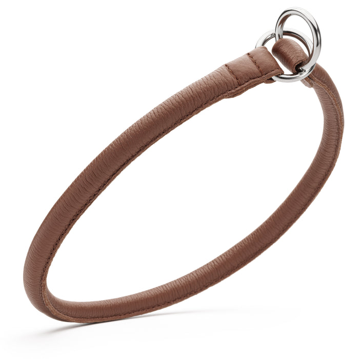 Brown leather dog slip collar with metal O-rings, 1/2 inch width, round fur saver design