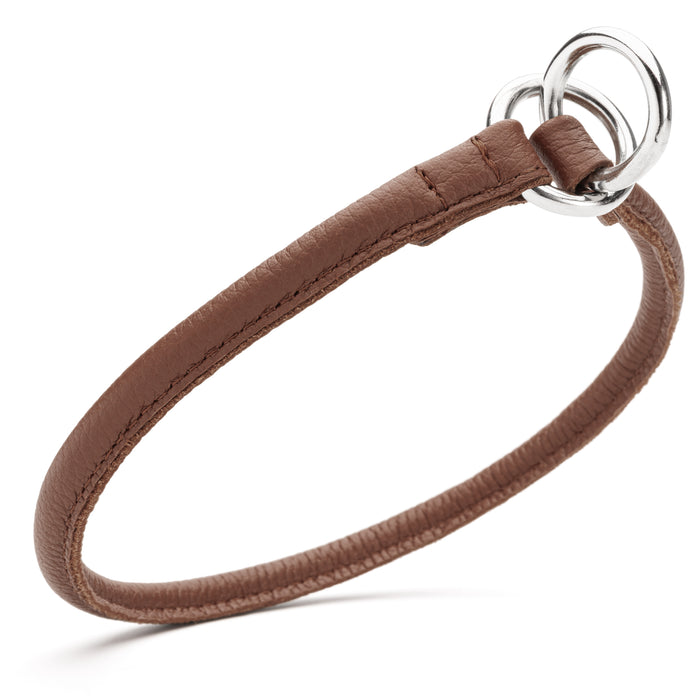 Brown leather dog choke collar with metal rings, 1/3 inch wide