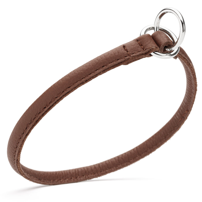 Brown leather choke collar for dogs with metal rings, round design, 1/4 inch width