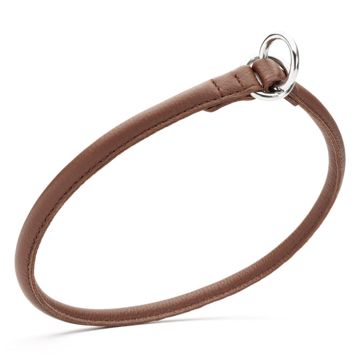 Brown slip dog collar with metal hardware, made from rolled leather, 3/8 inch wide