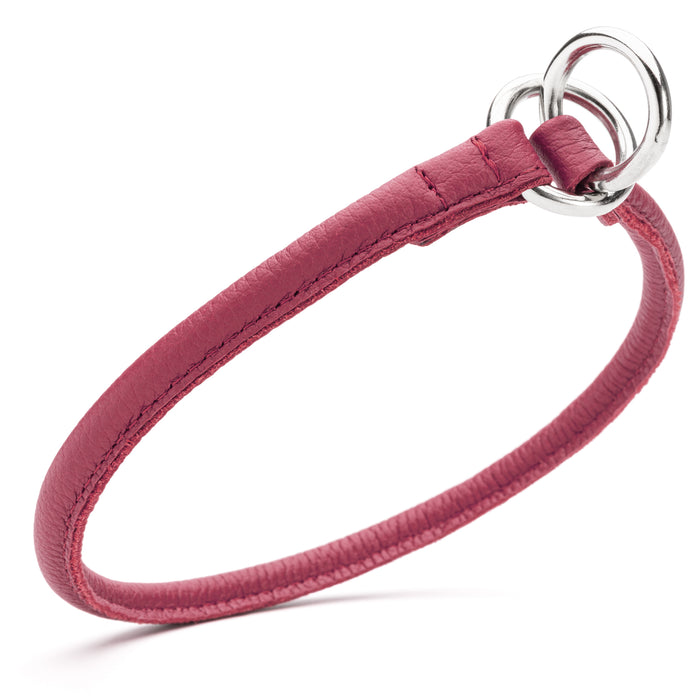 Pink leather dog choke collar with metal rings, 1/3 inch wide