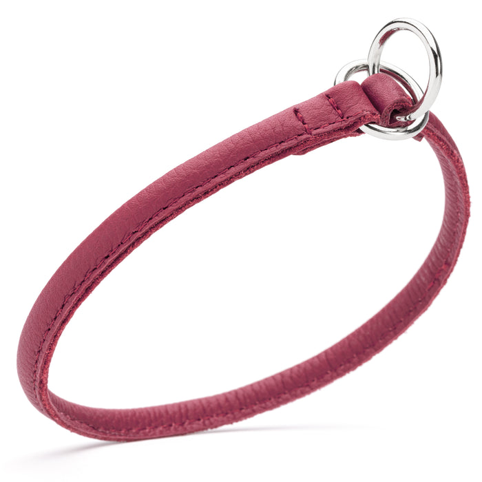 Pink leather choke collar for dogs with metal rings, round design, 1/4 inch width